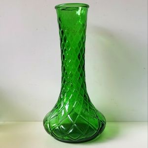 Emerald Green Glass Hoosier Diamond Pattern Genie Vase Vintage 70s Wedding Decor